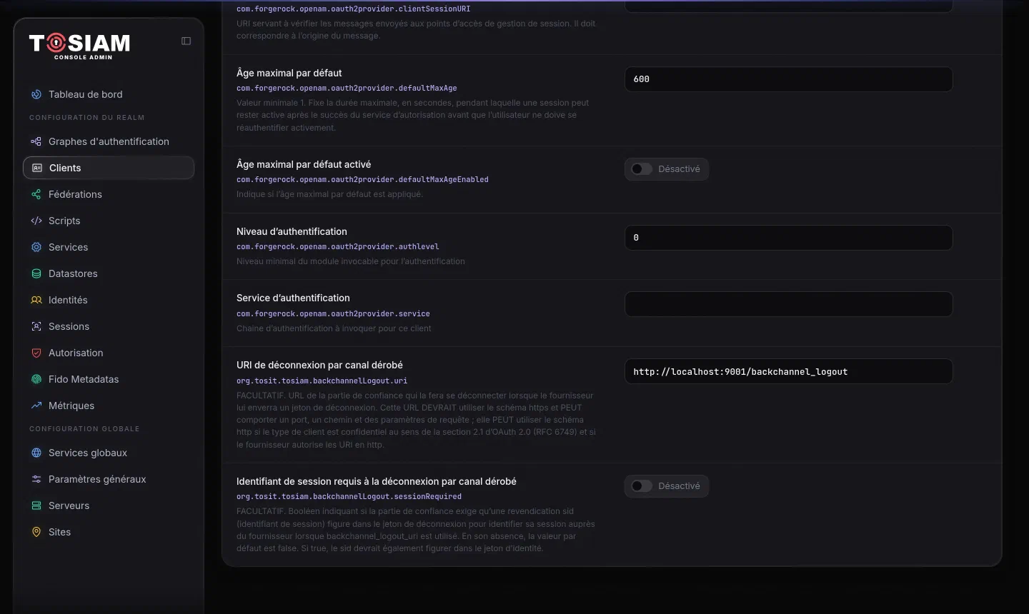 Fiche du client rpa, onglet OpenID Connect : URI de déconnexion par canal dérobé http://localhost:9001/backchannel_logout, identifiant de session requis désactivé