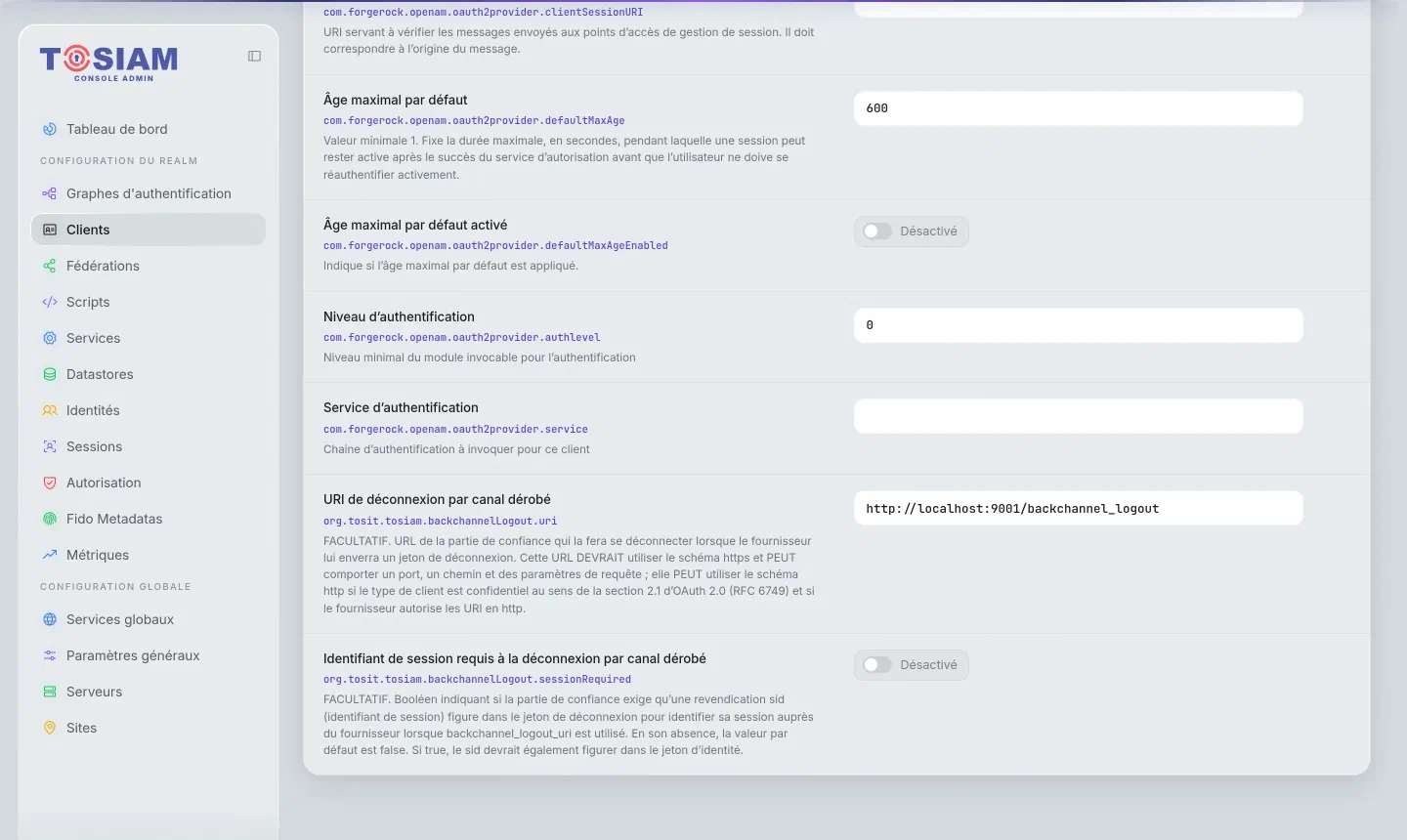 Fiche du client rpa, onglet OpenID Connect : URI de déconnexion par canal dérobé http://localhost:9001/backchannel_logout, identifiant de session requis désactivé