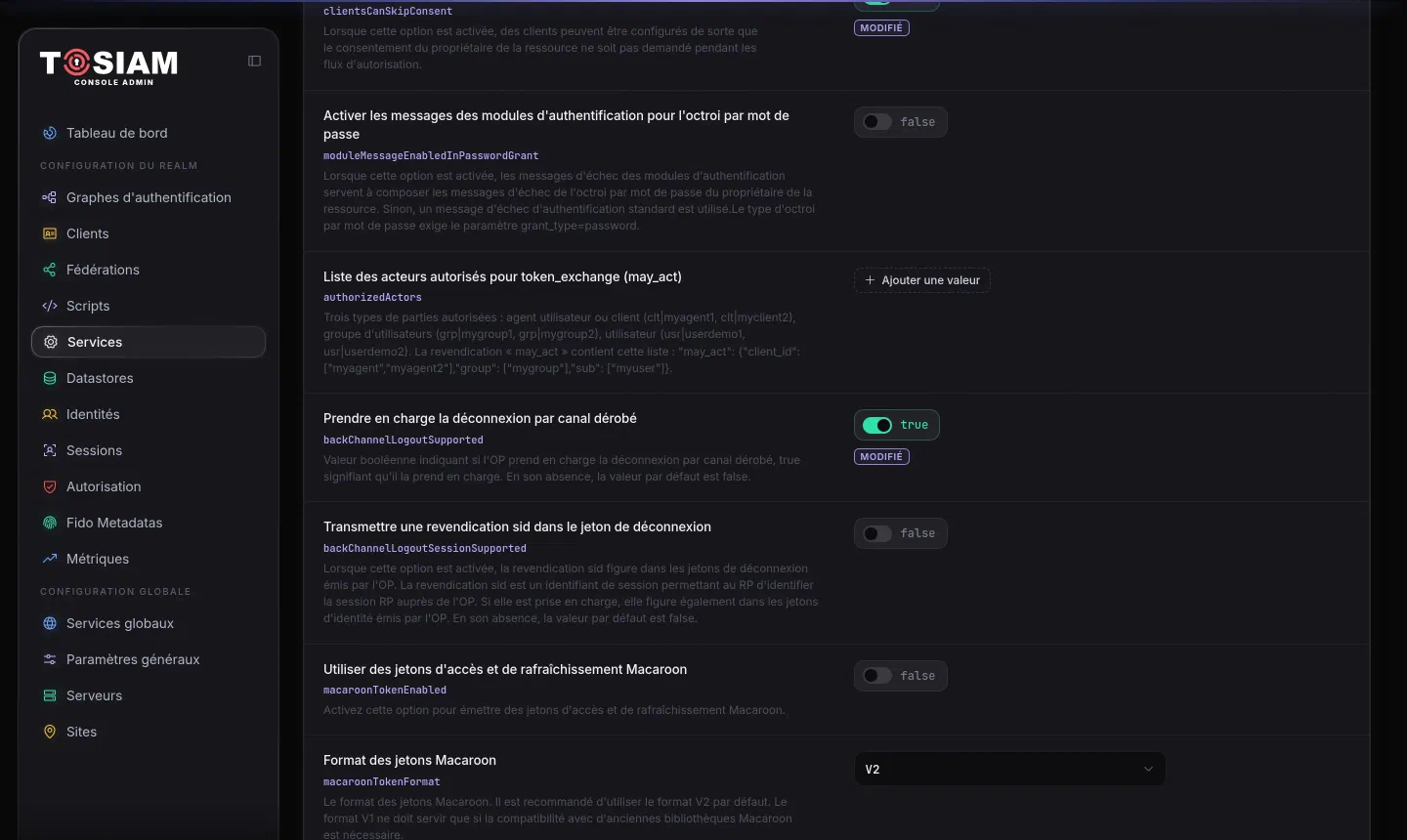 Réglages du fournisseur OAuth2 : Prendre en charge la déconnexion par canal dérobé activé, Transmettre une revendication sid dans le jeton de déconnexion désactivé
