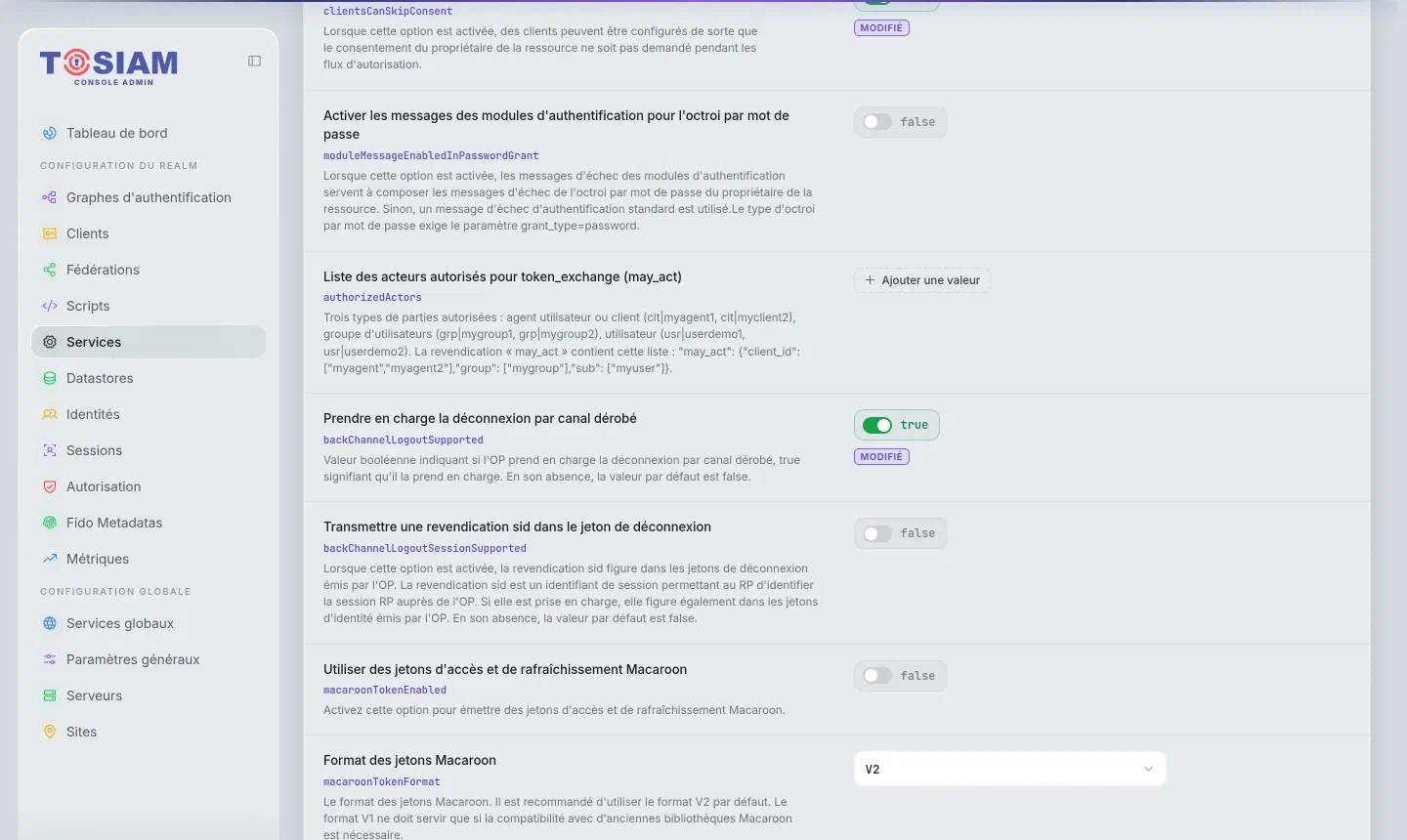 Réglages du fournisseur OAuth2 : Prendre en charge la déconnexion par canal dérobé activé, Transmettre une revendication sid dans le jeton de déconnexion désactivé