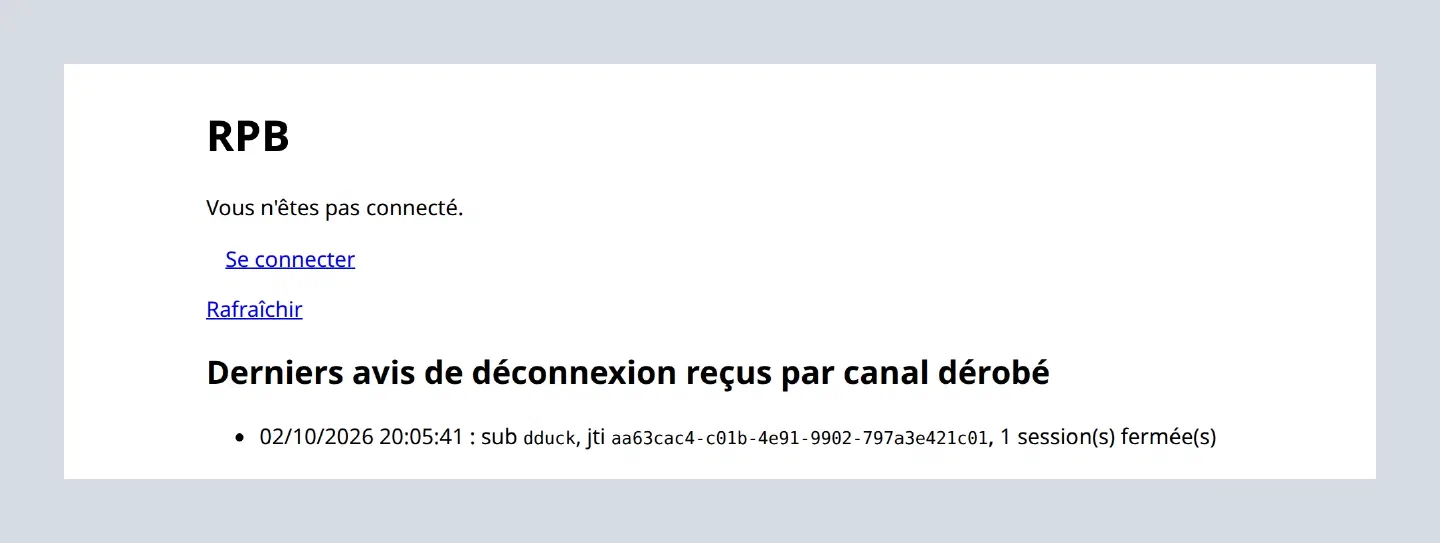 Application RPB après la déconnexion depuis RPA : non connecté, avis de déconnexion reçu pour le sub dduck, une session fermée