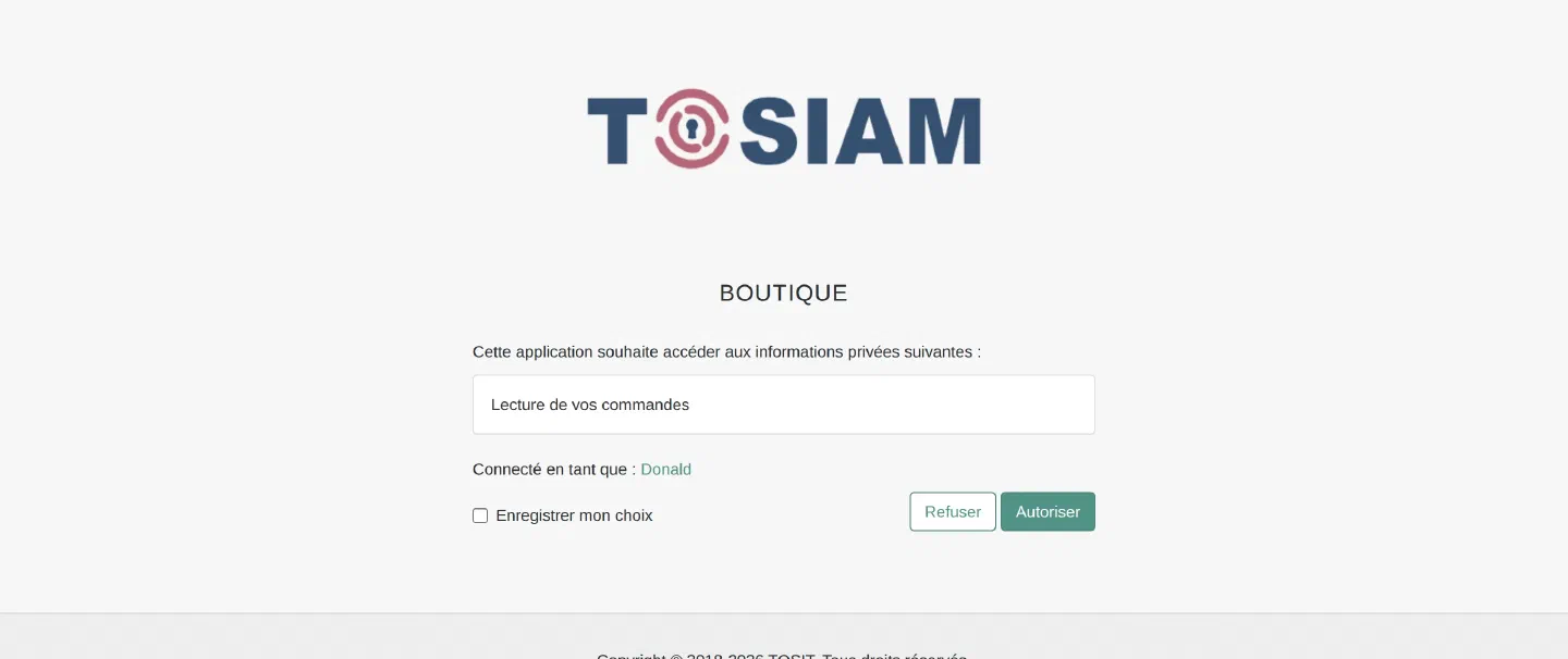 Écran de consentement : application Boutique, information demandée Lecture de vos commandes, boutons Refuser et Autoriser