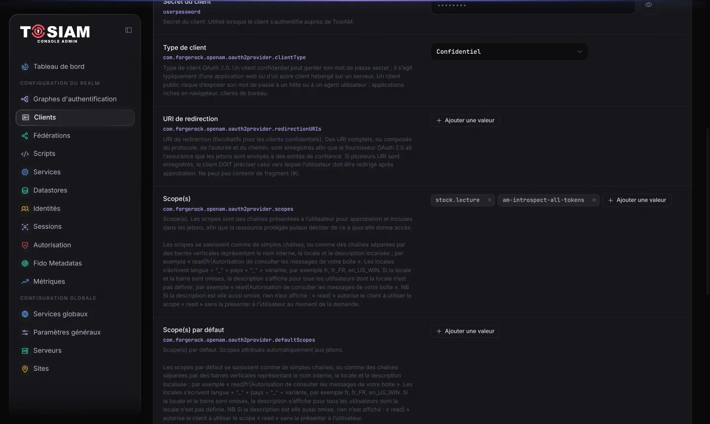 Fiche du client api-commandes, onglet Général : type de client Confidentiel, scopes stock.lecture et am-introspect-all-tokens