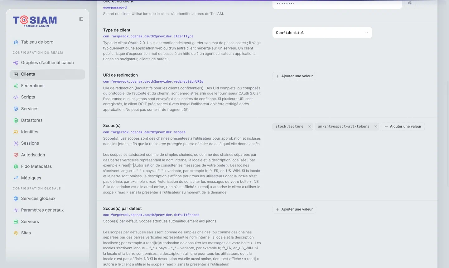 Fiche du client api-commandes, onglet Général : type de client Confidentiel, scopes stock.lecture et am-introspect-all-tokens