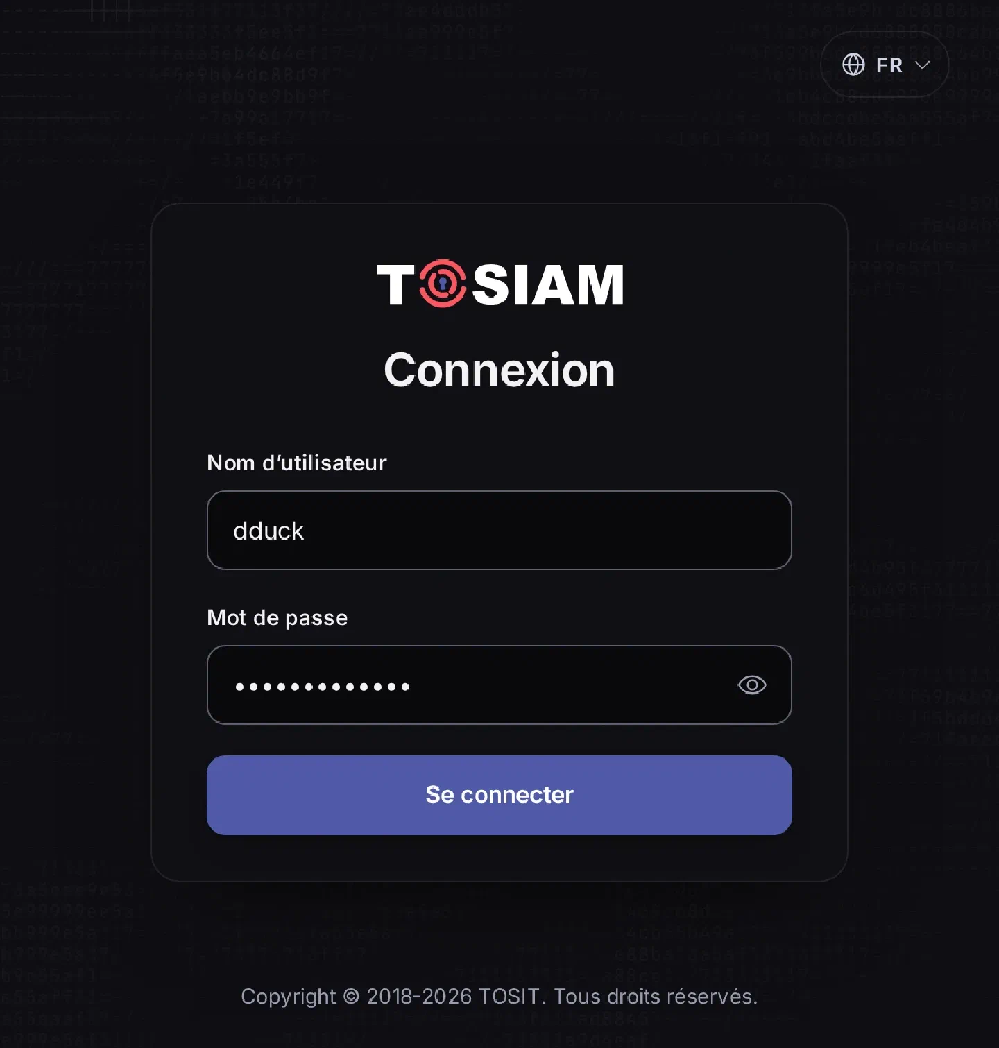 Page de connexion TOSIAM : nom d'utilisateur dduck et mot de passe sur le même écran, bouton Se connecter