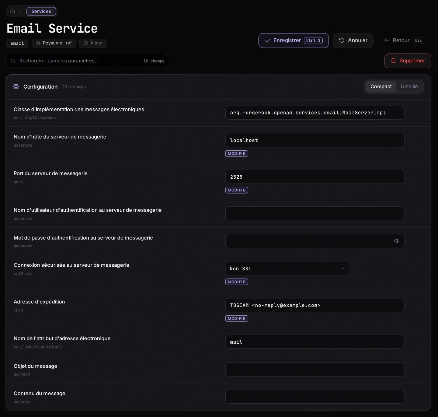 Console, page Email Service du royaume ref : nom d'hôte localhost, port 2525, connexion sécurisée Non SSL, adresse d'expédition TOSIAM <no-reply@example.com>, nom d'utilisateur et mot de passe vides