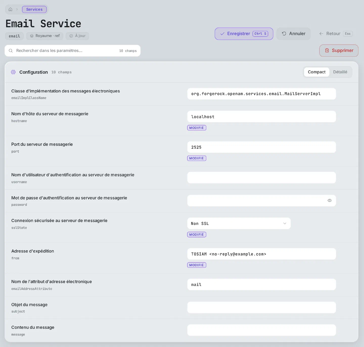 Console, page Email Service du royaume ref : nom d'hôte localhost, port 2525, connexion sécurisée Non SSL, adresse d'expédition TOSIAM <no-reply@example.com>, nom d'utilisateur et mot de passe vides