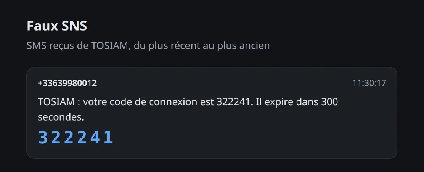 Page Faux SNS : un SMS pour +33639980012, TOSIAM : votre code de connexion est 322241. Il expire dans 300 secondes, avec le code en grand