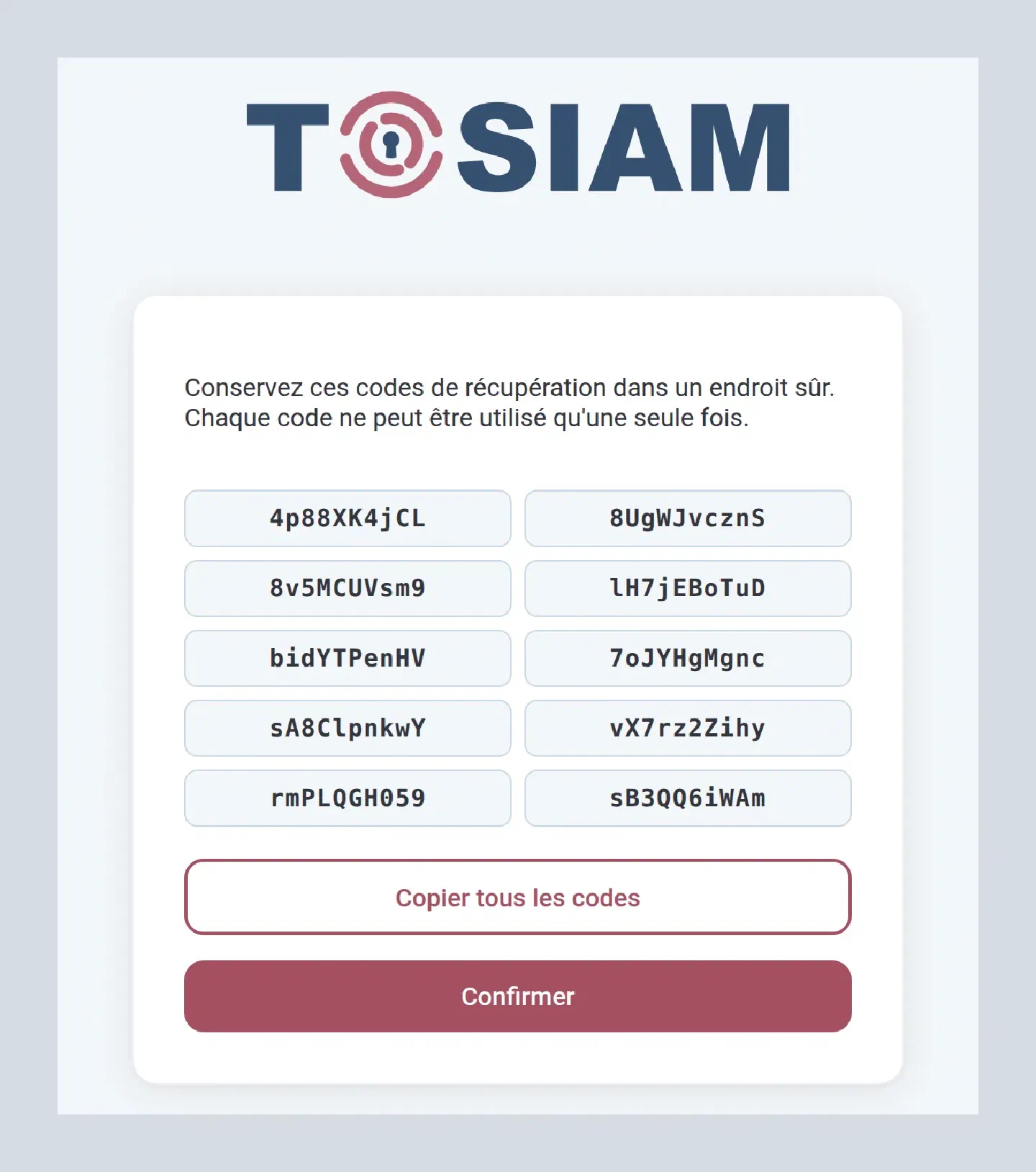 Écran Conservez ces codes de récupération dans un endroit sûr, avec dix codes, boutons Copier tous les codes et Confirmer