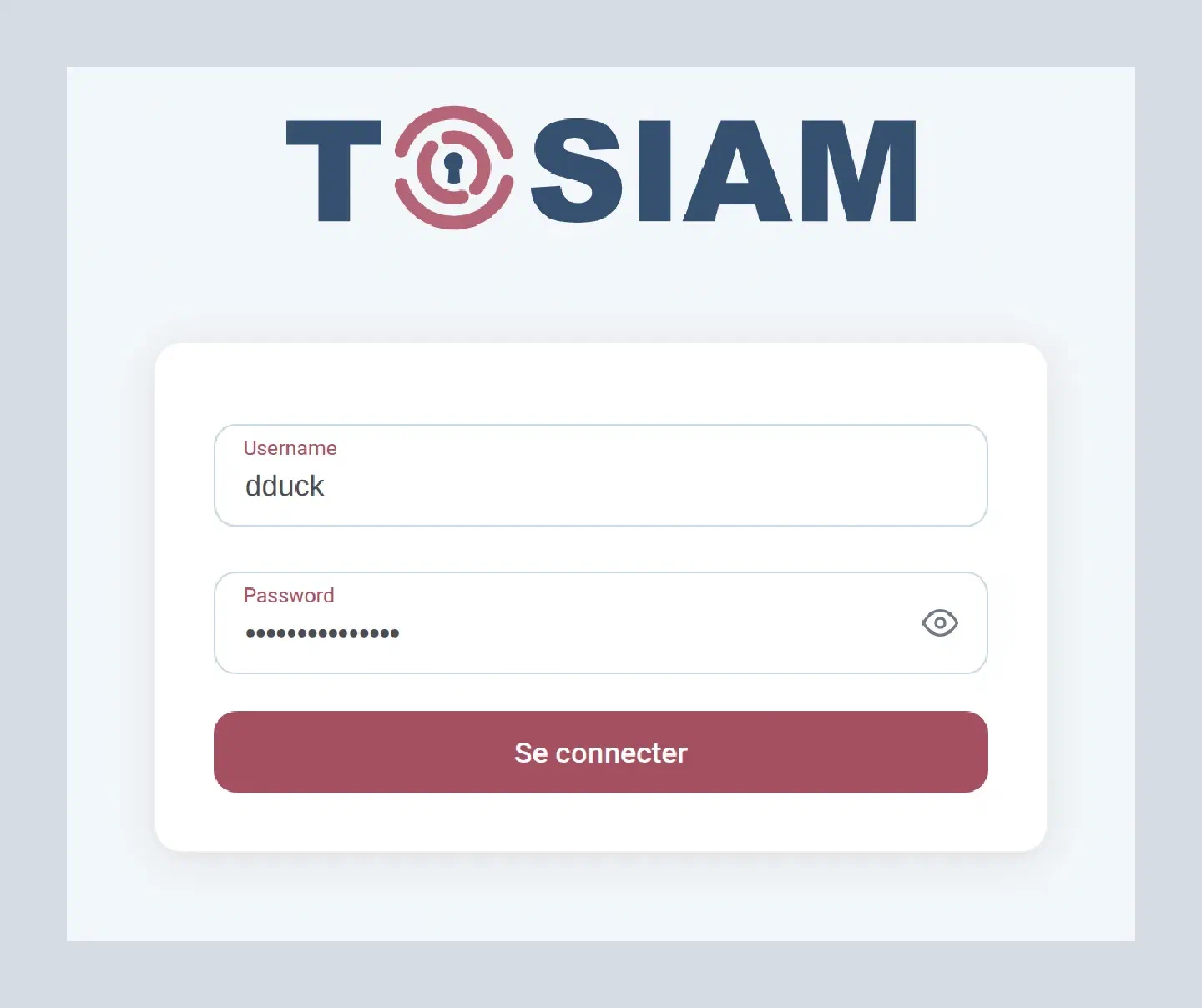 Page de connexion TOSIAM : nom d'utilisateur et mot de passe sur le même écran