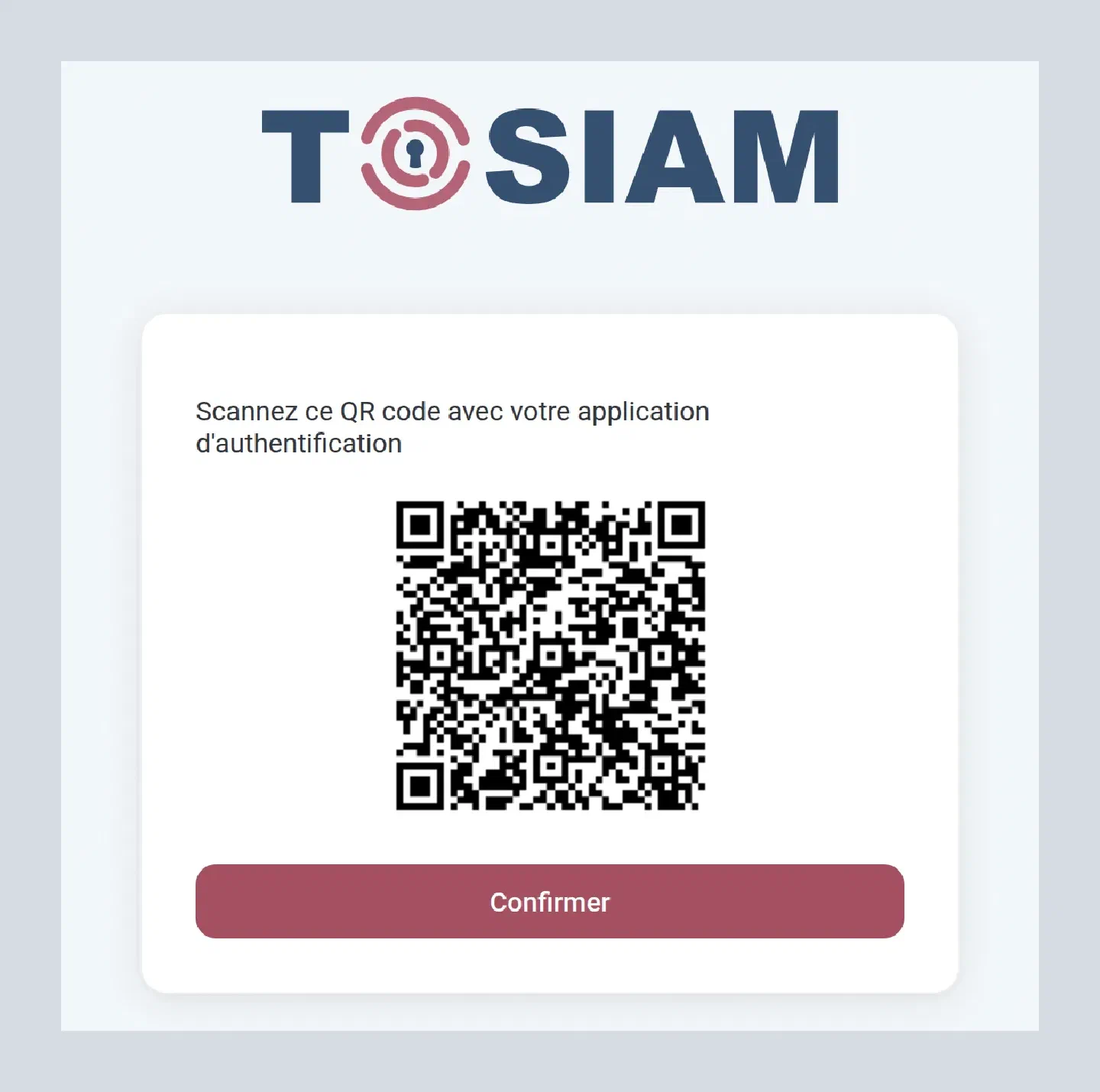 Écran Scannez ce QR code avec votre application d'authentification, avec le QR code et le bouton Confirmer