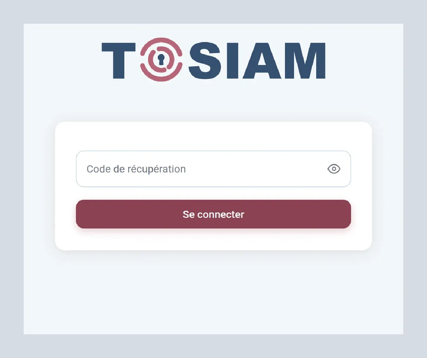 Écran Code de récupération avec un champ et le bouton Se connecter