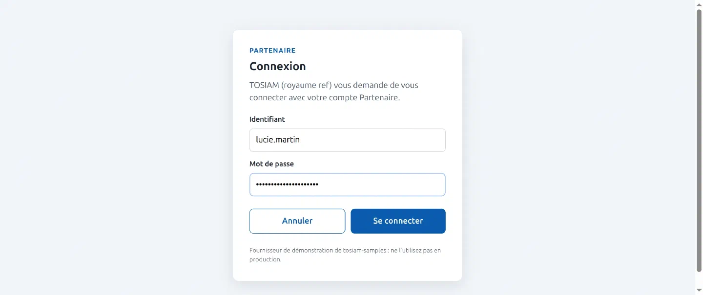 Page de connexion du fournisseur Partenaire : TOSIAM (royaume ref) vous demande de vous connecter avec votre compte Partenaire, identifiant lucie.martin, mot de passe masqué, boutons Annuler et Se connecter