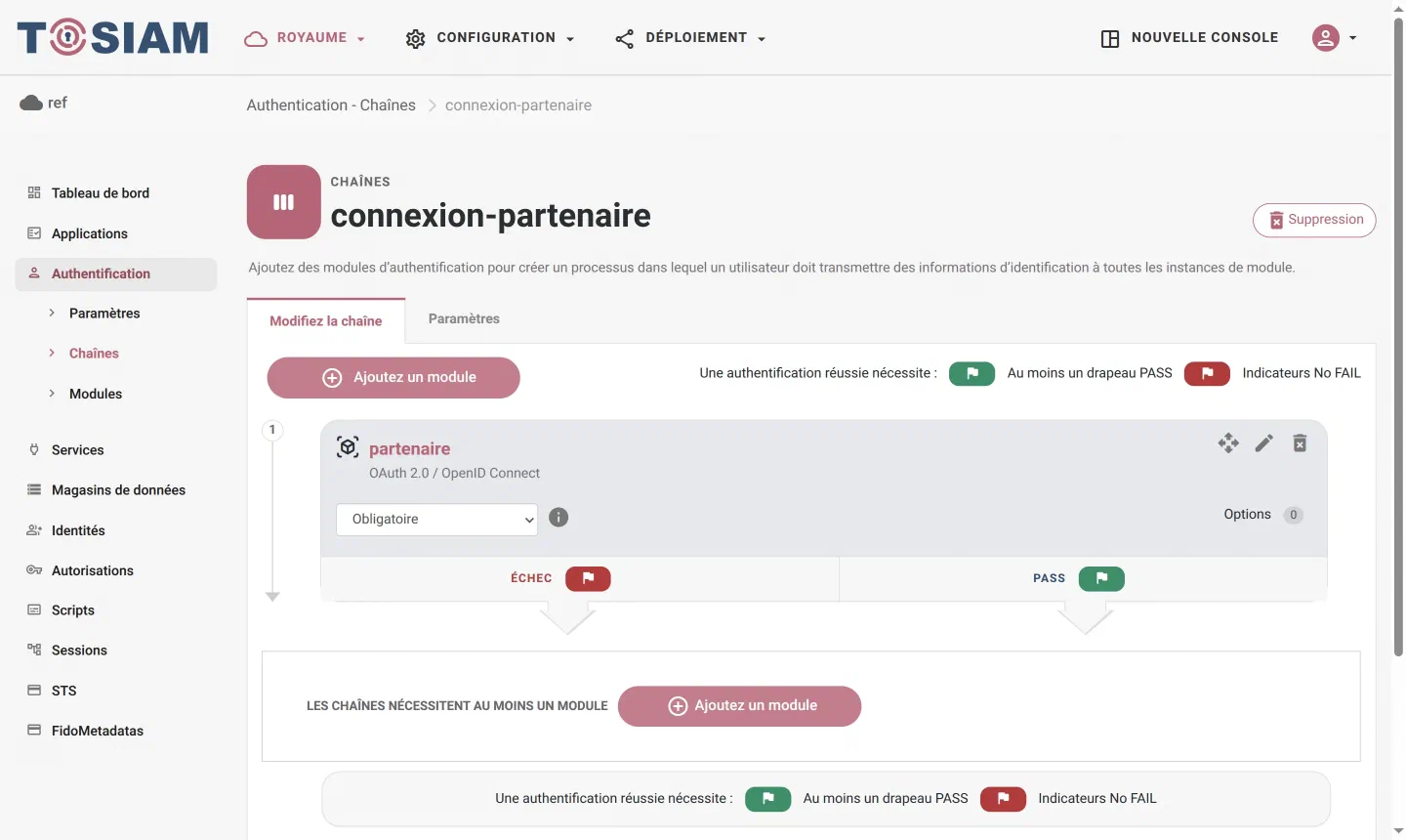 Console legacy, chaîne connexion-partenaire : un module partenaire OAuth 2.0 / OpenID Connect, critère Obligatoire