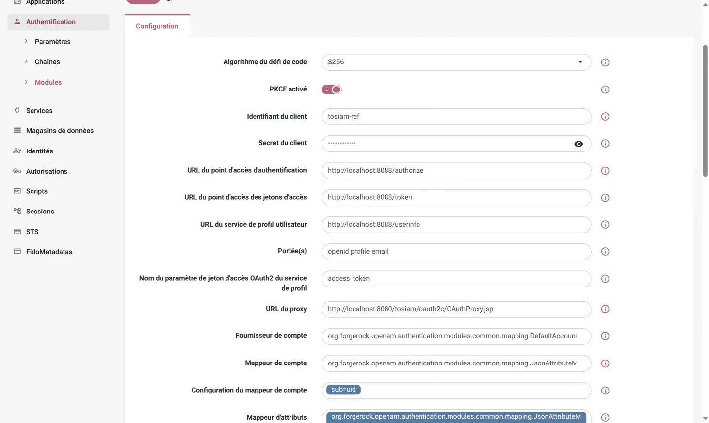 Console legacy, module partenaire : algorithme S256 et PKCE activé, identifiant du client tosiam-ref et secret, points d'accès du fournisseur, portées openid profile email, URL du proxy