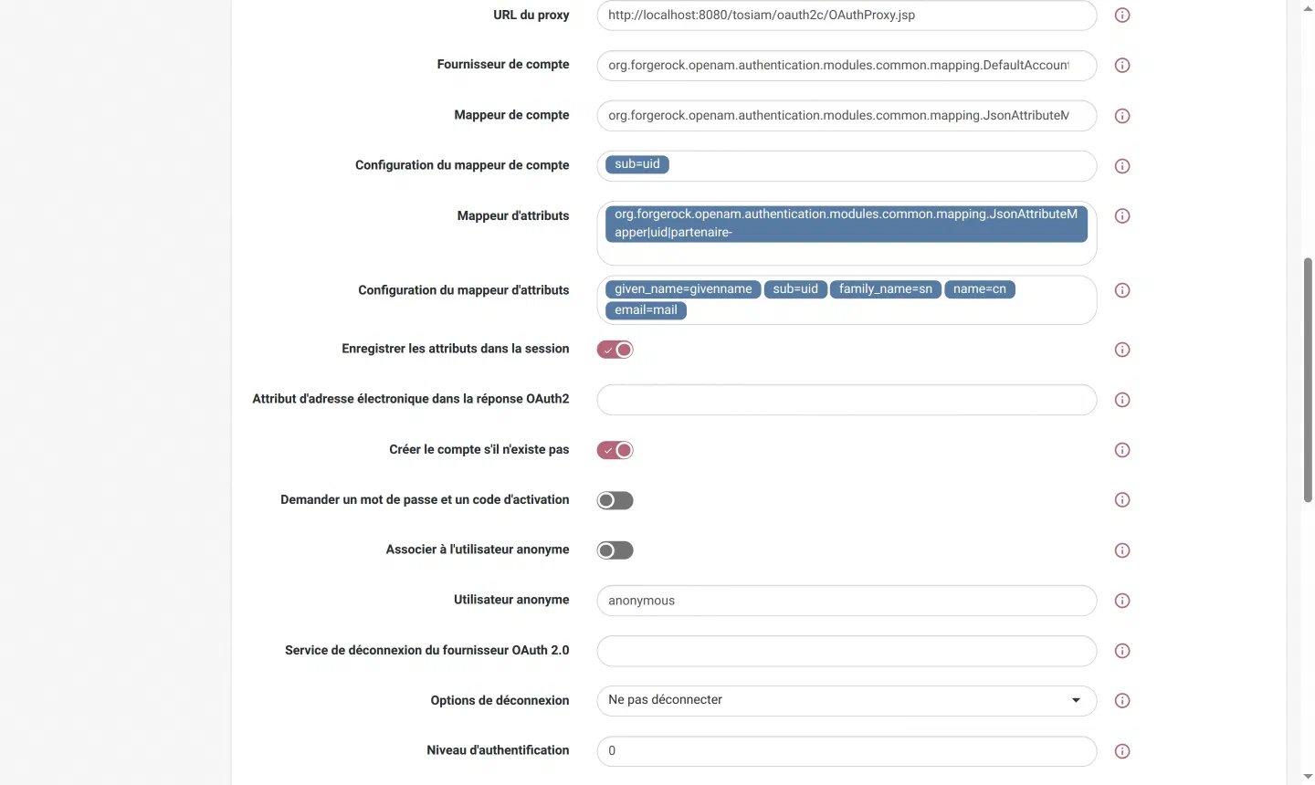 Console legacy, module partenaire : mappeur de compte avec configuration sub=uid, mappeur d'attributs avec sub=uid, given_name=givenname, family_name=sn, name=cn, email=mail, création du compte activée, demande de mot de passe désactivée