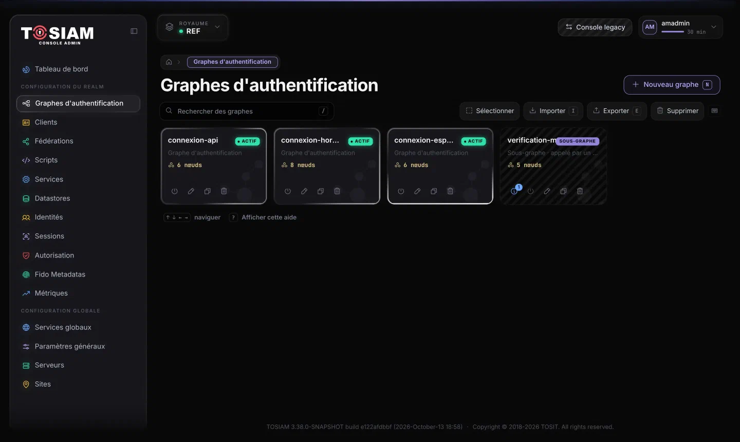 Liste des graphes d'authentification du royaume ref : connexion-espace, 6 nœuds, ACTIF ; verification-mot-de-passe, SOUS-GRAPHE, 5 nœuds