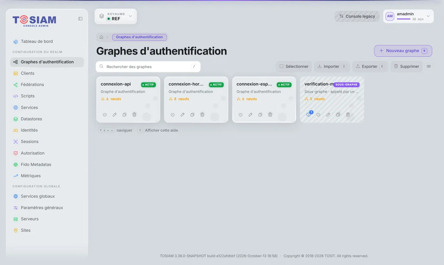 Liste des graphes d'authentification du royaume ref : connexion-espace, 6 nœuds, ACTIF ; verification-mot-de-passe, SOUS-GRAPHE, 5 nœuds
