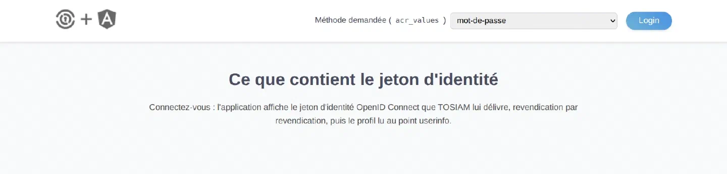 Page d'accueil de l'application : liste Méthode demandée (acr_values) sur mot-de-passe, bouton Login