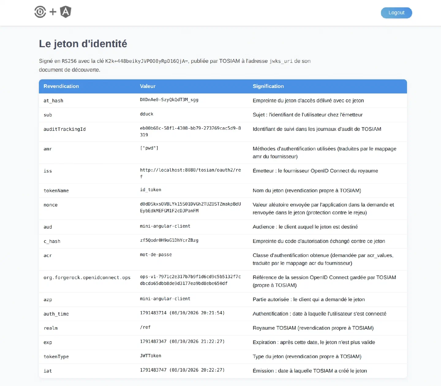 Tableau des revendications du jeton d'identité : at_hash, sub, auditTrackingId, amr, iss, tokenName, nonce, aud, c_hash, acr, org.forgerock.openidconnect.ops, azp, auth_time, realm, exp, tokenType, iat