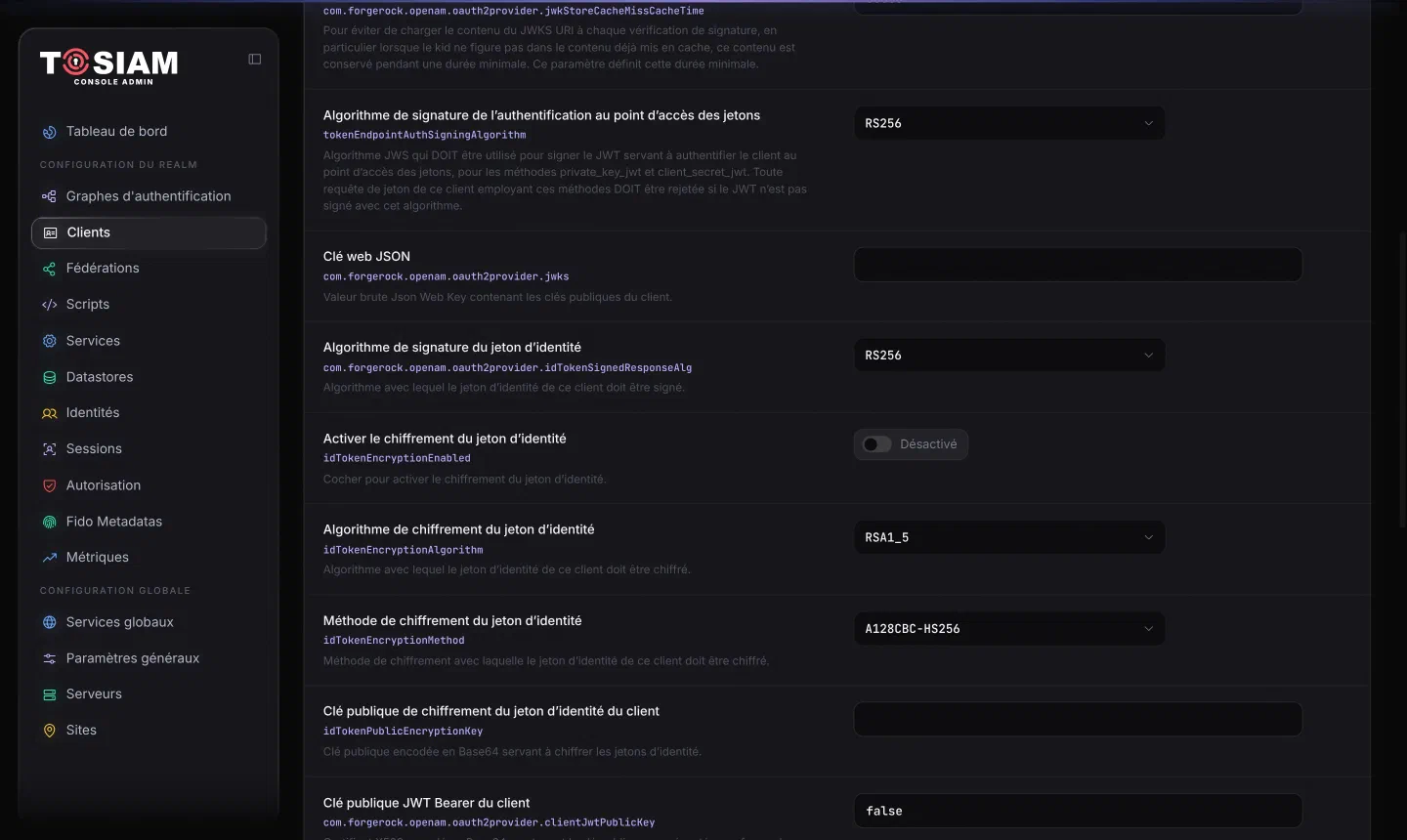 Fiche du client mini-angular-client, onglet Signature et chiffrement : algorithme de signature du jeton d'identité RS256, chiffrement du jeton désactivé