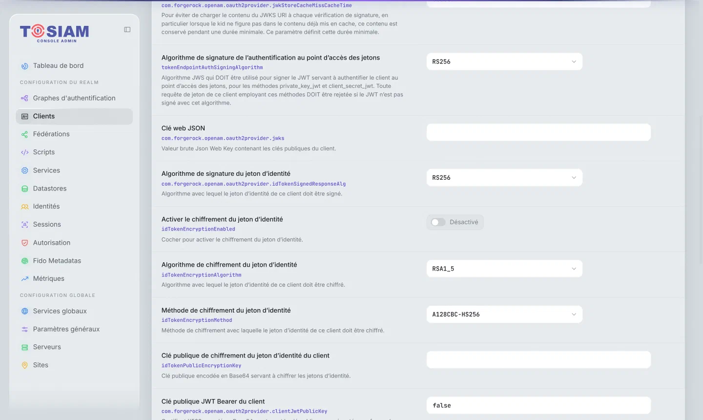 Fiche du client mini-angular-client, onglet Signature et chiffrement : algorithme de signature du jeton d'identité RS256, chiffrement du jeton désactivé