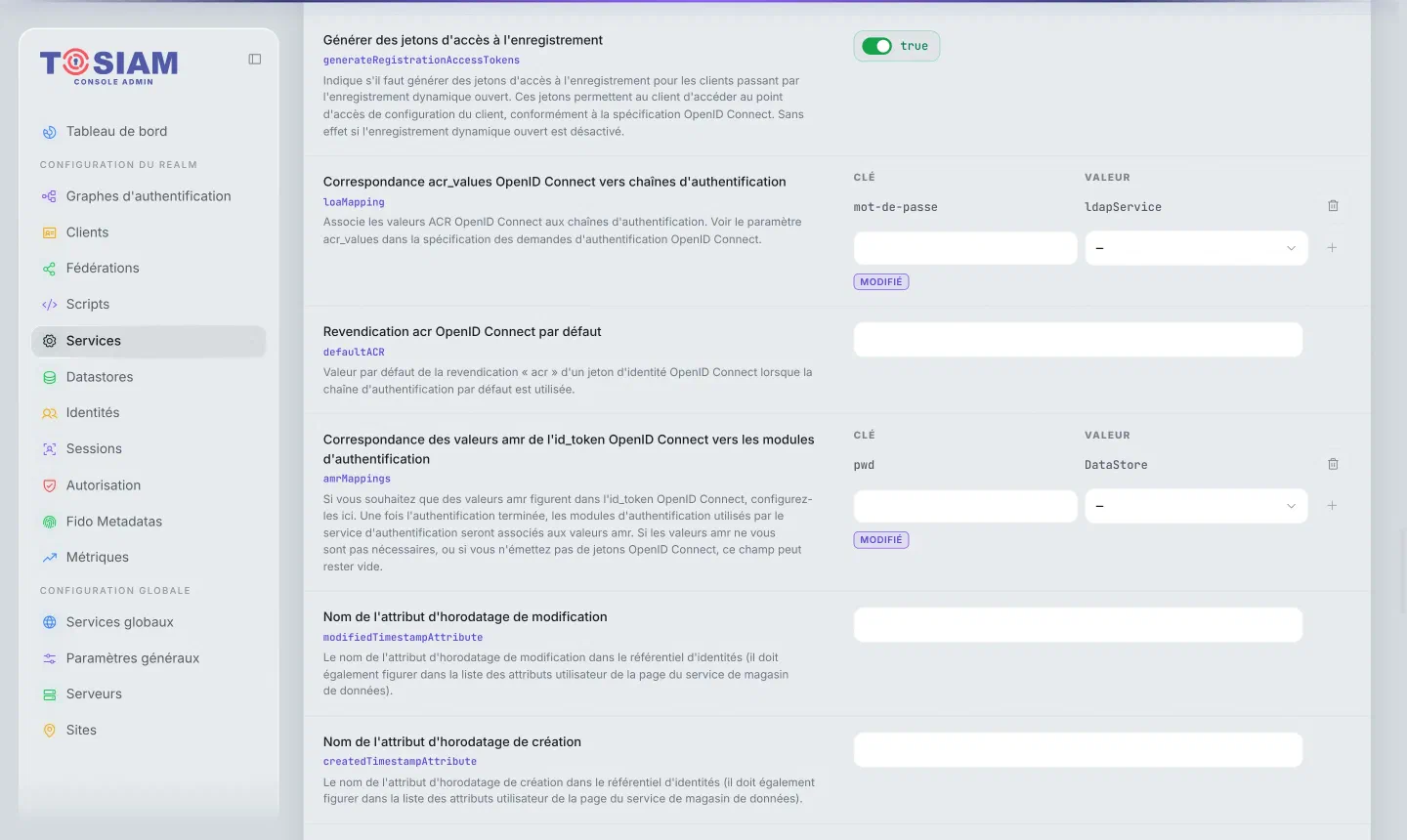 Réglages du fournisseur OAuth2 du royaume ref : mappage acr mot-de-passe vers ldapService, mappage amr pwd vers DataStore