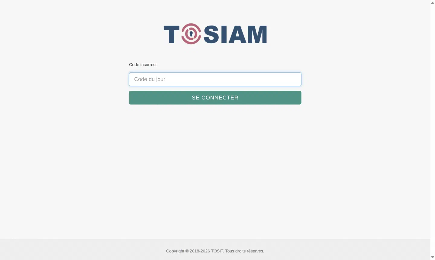 Page XUI : Code incorrect., champ masqué Code du jour, bouton Se connecter