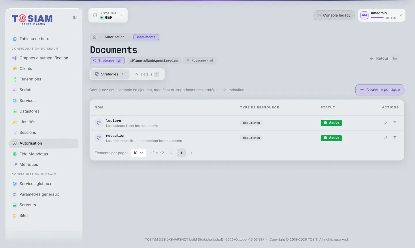 Ensemble de stratégies Documents : politiques lecture et redaction, type de ressource documents, actives