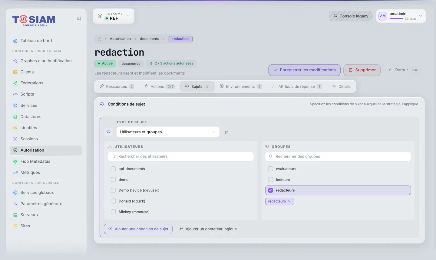 Politique redaction, section Sujets : type Utilisateurs et groupes, groupe redacteurs coché