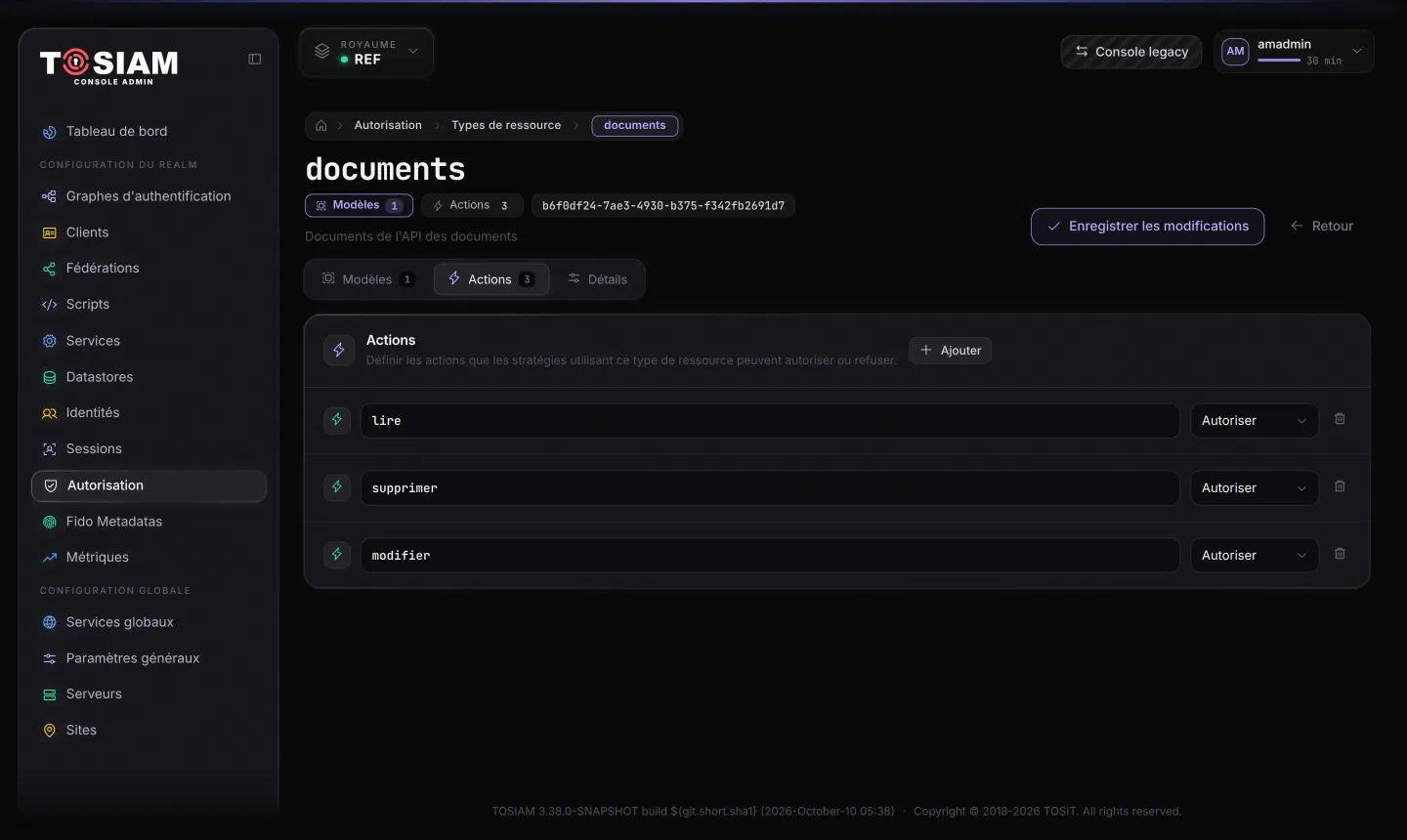 Type de ressource documents, onglet Actions : lire, supprimer et modifier, valeur par défaut Autoriser