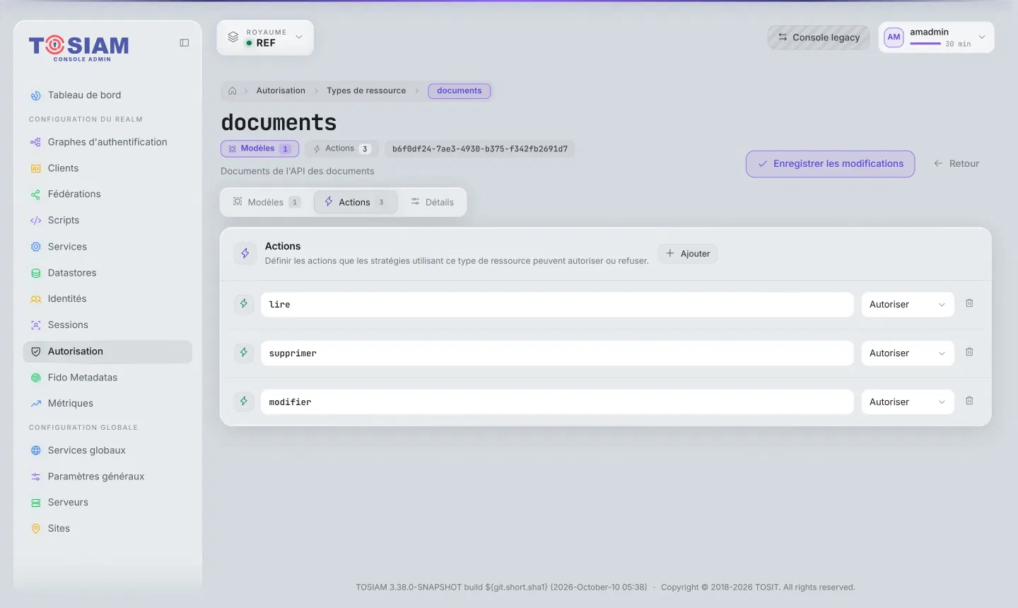 Type de ressource documents, onglet Actions : lire, supprimer et modifier, valeur par défaut Autoriser
