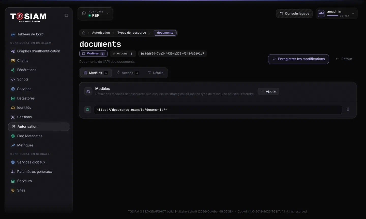 Type de ressource documents, onglet Modèles : modèle https://documents.example/documents/*