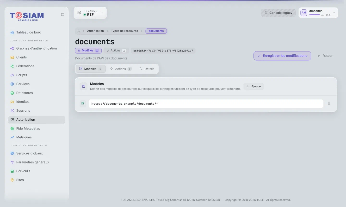 Type de ressource documents, onglet Modèles : modèle https://documents.example/documents/*
