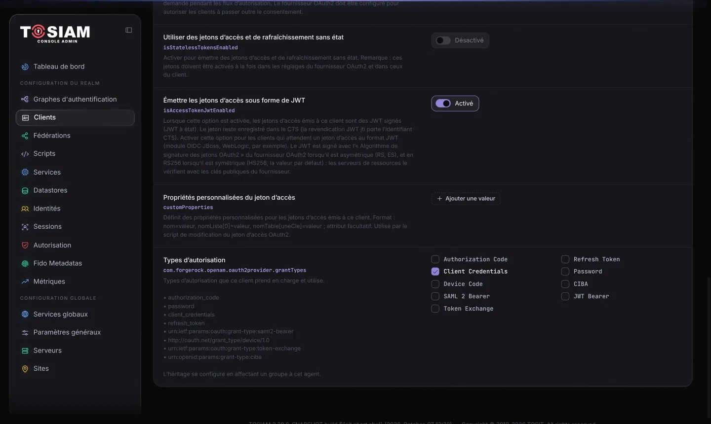 Fiche du client service-commandes, onglet Avancé : Émettre les jetons d'accès sous forme de JWT activé, seul le type d'autorisation Client Credentials coché
