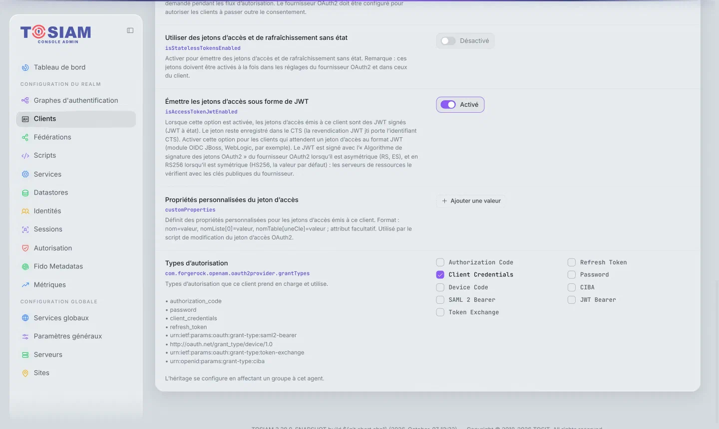 Fiche du client service-commandes, onglet Avancé : Émettre les jetons d'accès sous forme de JWT activé, seul le type d'autorisation Client Credentials coché
