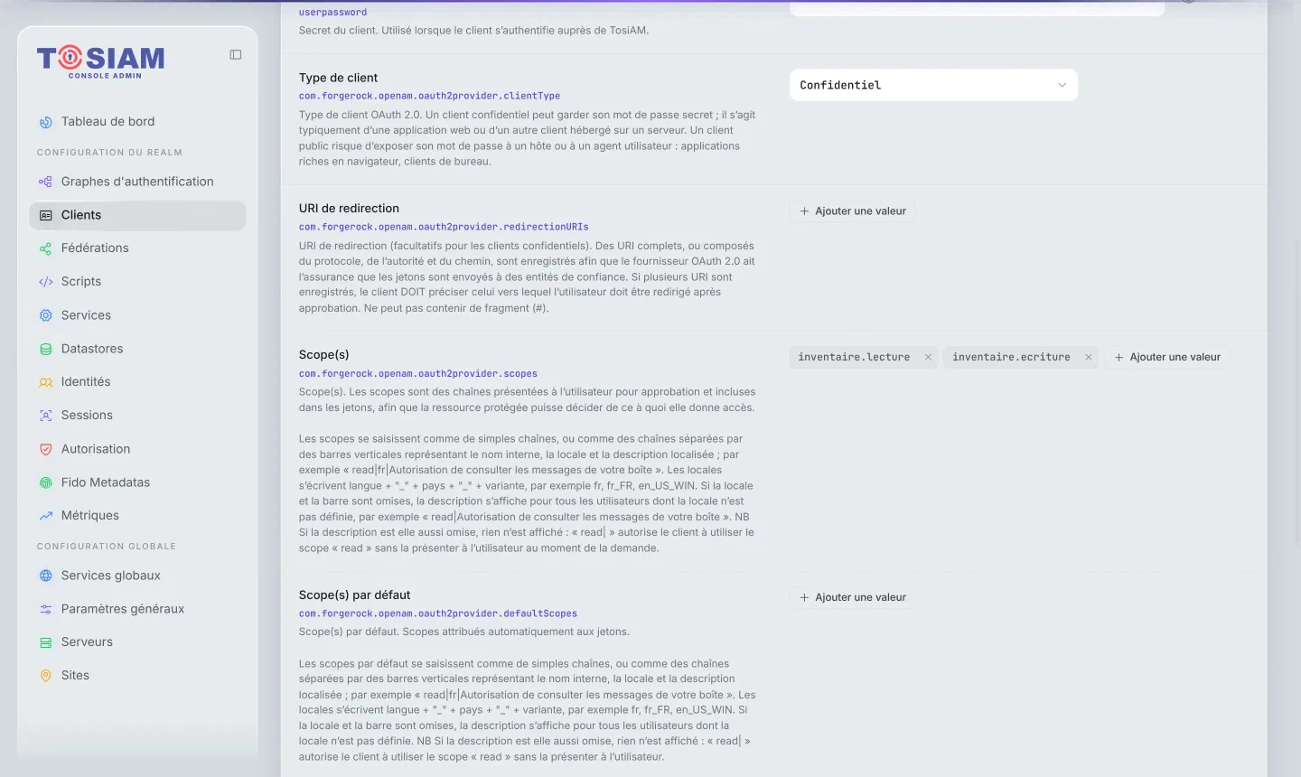 Fiche du client service-commandes, onglet Général : type de client Confidentiel, scopes inventaire.lecture et inventaire.ecriture