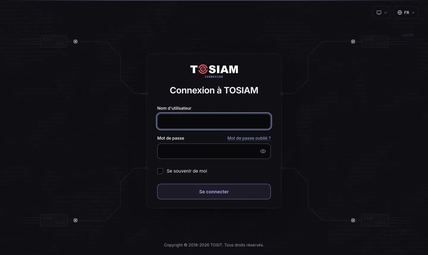 Page de connexion TOSIAM par défaut : carte centrée avec le logo TOSIAM, champs identifiant et mot de passe, bouton Se connecter, fond de caractères