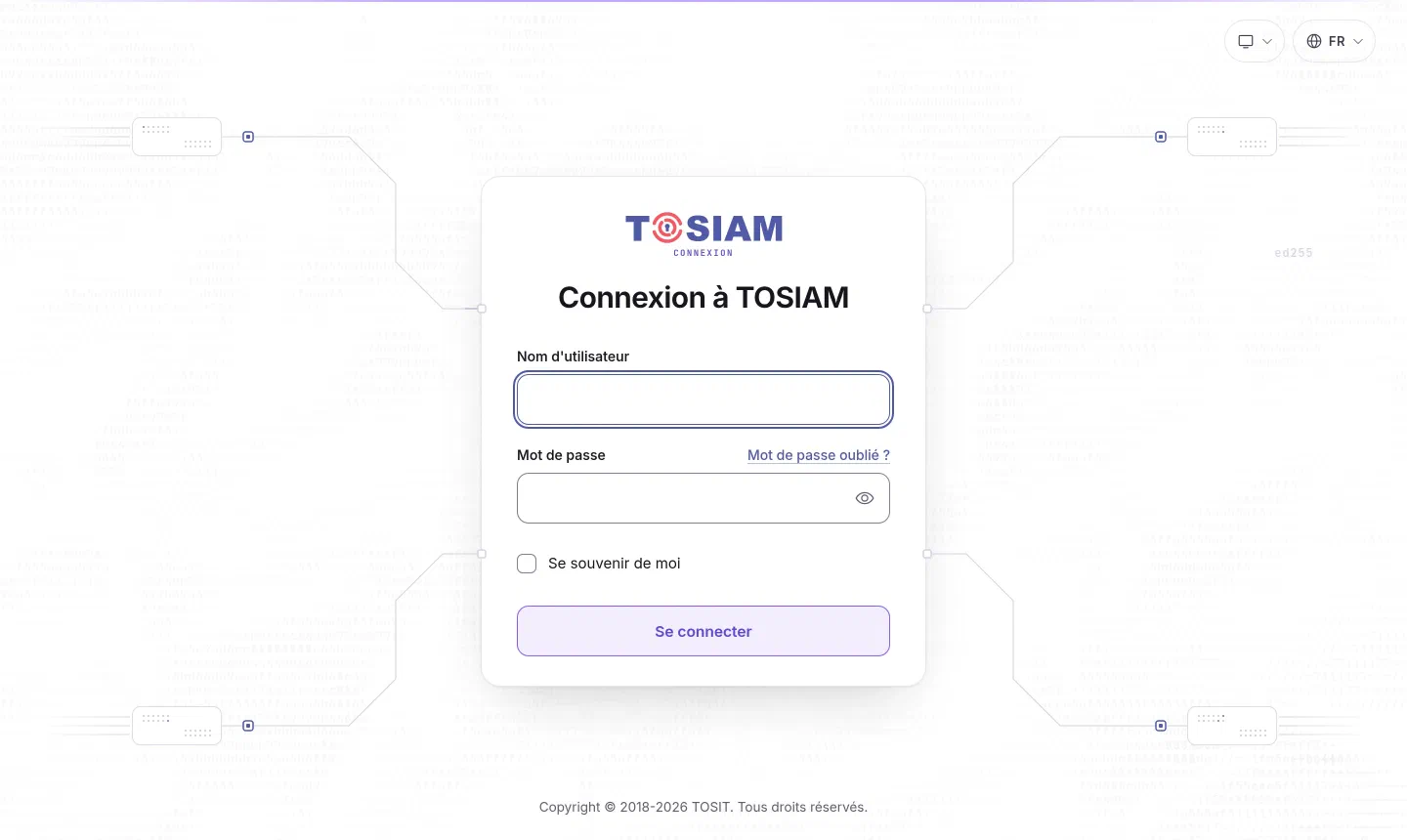 Page de connexion TOSIAM par défaut : carte centrée avec le logo TOSIAM, champs identifiant et mot de passe, bouton Se connecter, fond de caractères