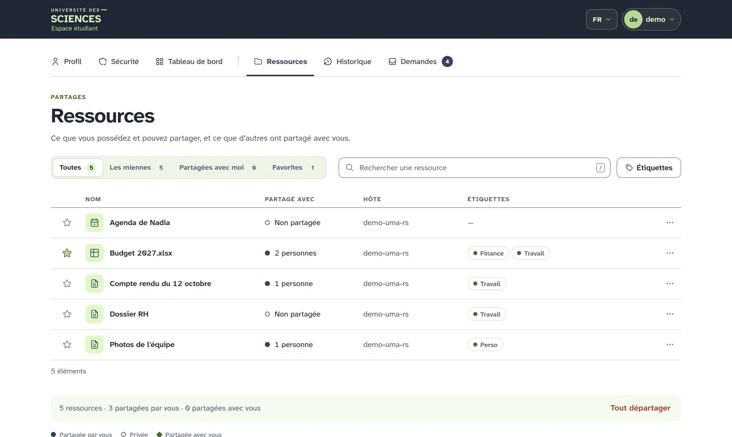 Espace compte Université des Sciences, page Ressources : en-tête sombre avec le logo, barre d'onglets Profil, Sécurité, Tableau de bord, Ressources, Historique, Demandes, tableau des ressources posé sur la page