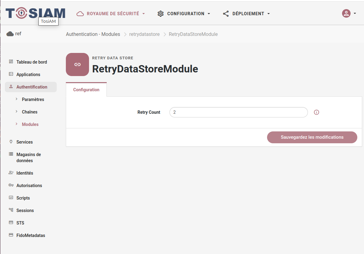 Configuration du module RetryDataStore dans la console d'administration