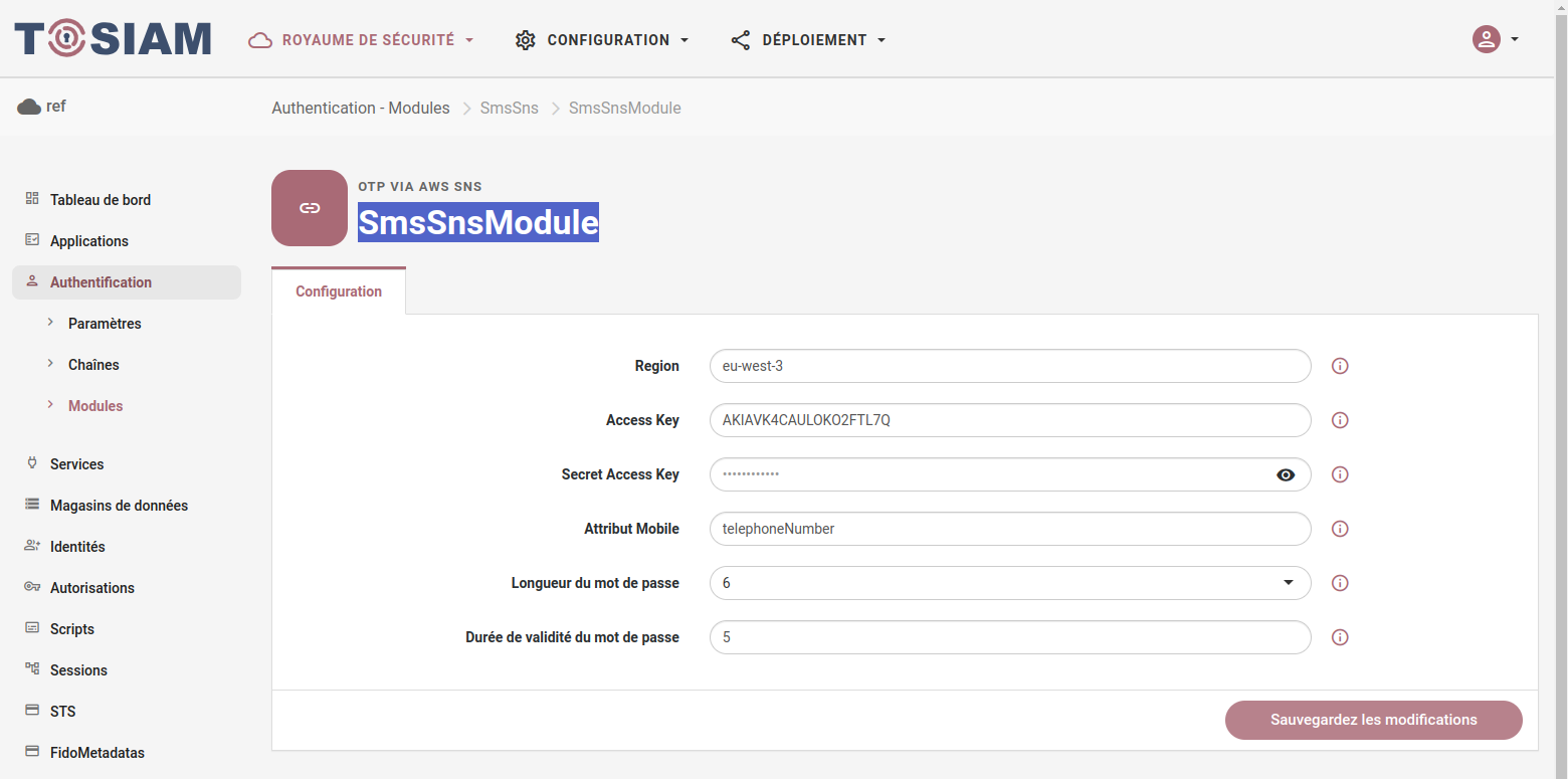 Configuration du module SmsSns dans la console d'administration